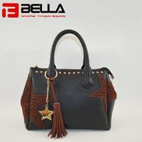 Black PU Leather Shoulder Bag with Star Embroidery Patch 6009A