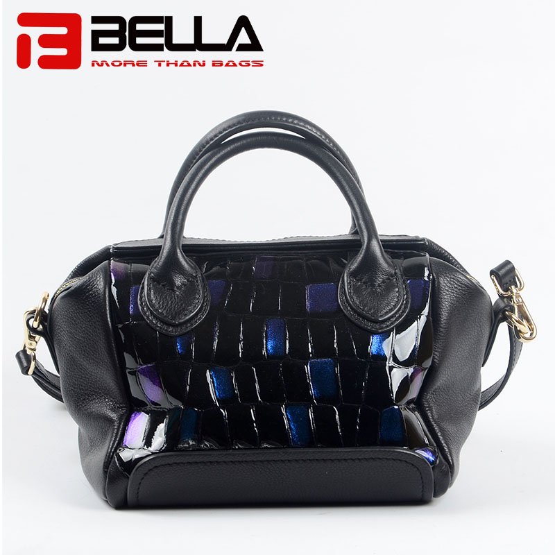 Leather Handbag with Fashion Blue Flash Color & Metal Zipper 6035B