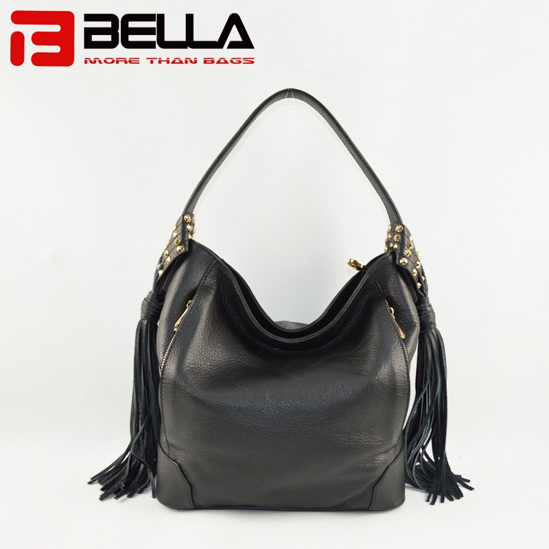 Black Leather Handbag with Big Tassels Decoration & Metal Snap Hook 6014A