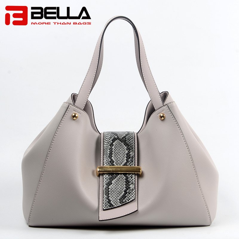 Cream Leather Handbag with Snake Pattern Part Decoration 6033A