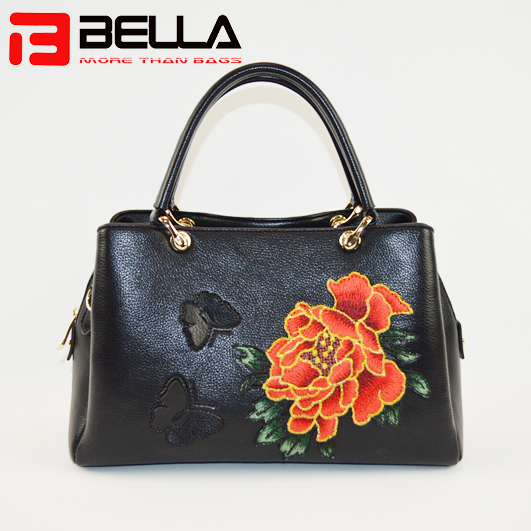 Black faux Leather satchel Bag with flower embroidery,group handbags6001A